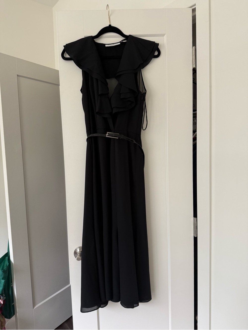 bill blass Black Ruffle Maxi Dress with Belt